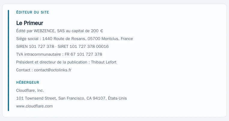 Coordonnées légales de l&rsquo;éditeur et de l&rsquo;hébergeur du site