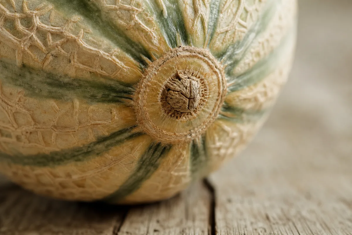 Gros plan sur un pédoncule de melon charentais craquelé et cicatrisé
