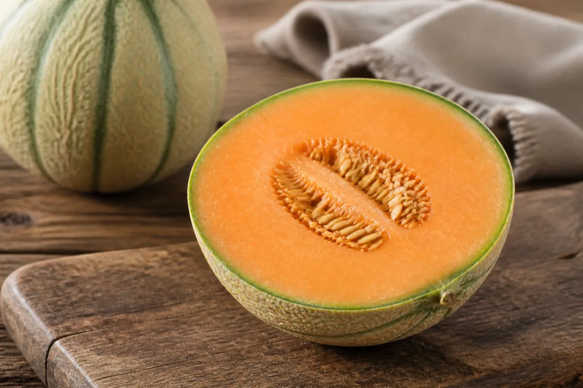 Melon coupé en deux, chair orange juteuse et graines bien formées au centre