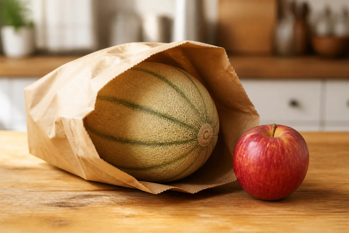 Melon posé dans un sac en papier kraft avec une pomme pour mûrir